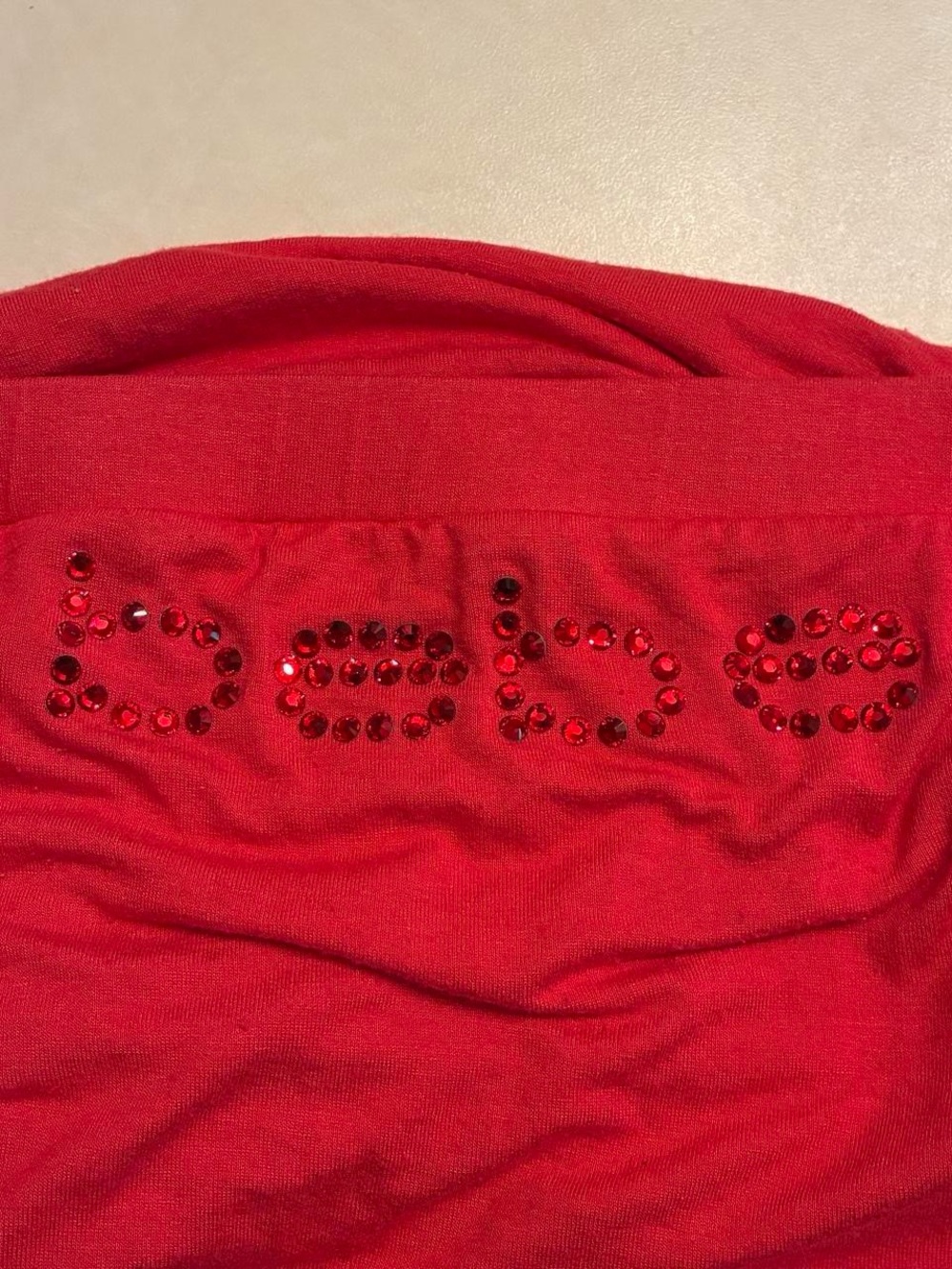 bebe Y2K Rhinestone Red Strapless Drawstring Waist Dress - Picture 3 of 4